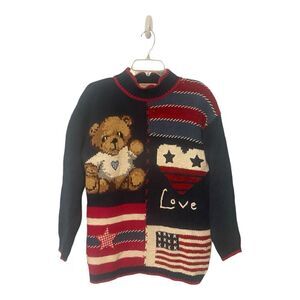 Marsh Landing Size Petite M Teddy Bear Sweater Stars America Patchwork Flag
